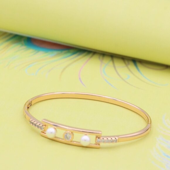 Elegant Rose Gold Bangle with Pearl & CZ Accents, XPBL0450 - Picture 3 of 12